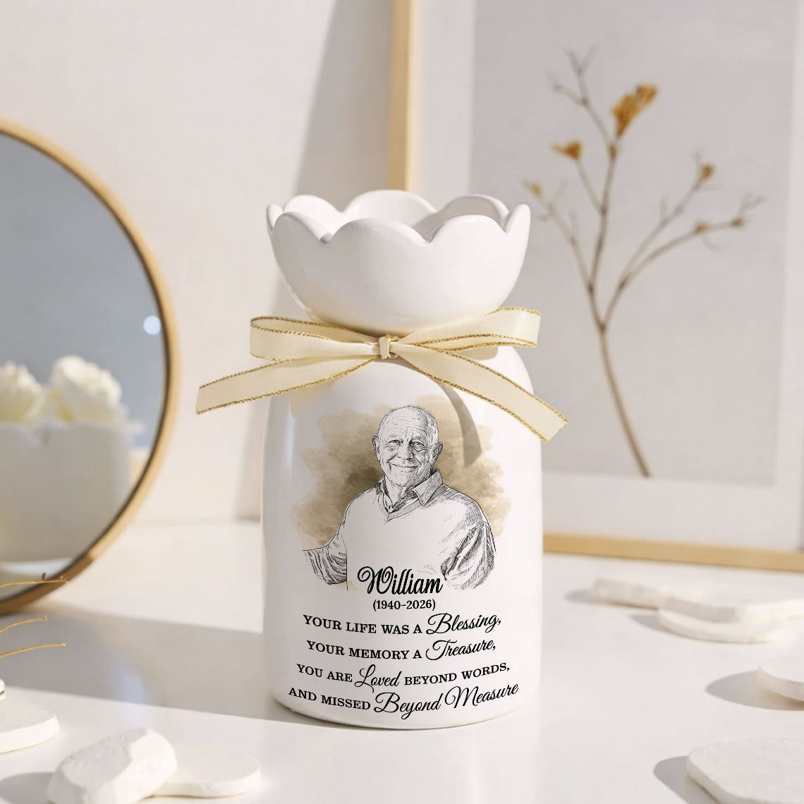Custom Photo Pencil Sketch Memorial - Personalized Custom Ribbon Tie Flower Vase