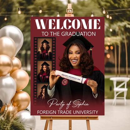 Congrats Graduation Red Theme - Personalized Graduation Welcome Sign - Custom Photo Welcome Sign