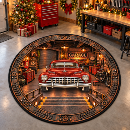 Christmas Vinatge Garage Round Mat - Personalized Quilted Mat Custom Shaped Doormat - Christmas Decor 3D Round Rug