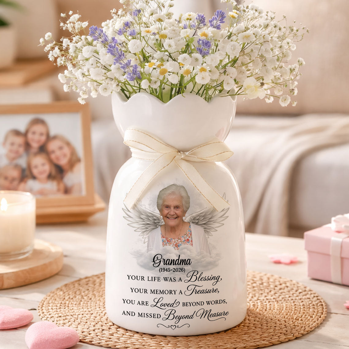 Custom Photo Pencil Sketch Your Life Was A Blessing- Personalized Custom Ribbon Tie Flower Vase