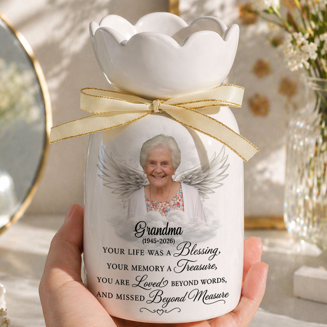 Custom Photo Pencil Sketch Your Life Was A Blessing- Personalized Custom Ribbon Tie Flower Vase