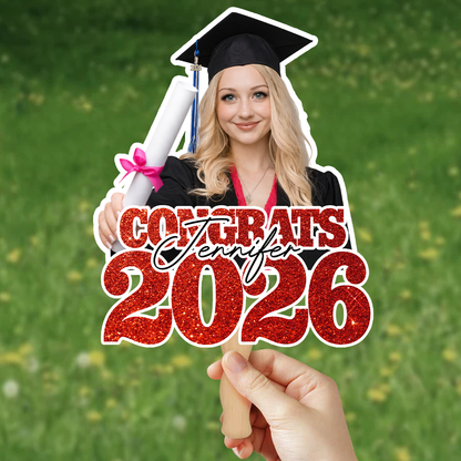 Class Of 2026 Personalized Congrats Face Fans With Wooden Handle - Fans Faces