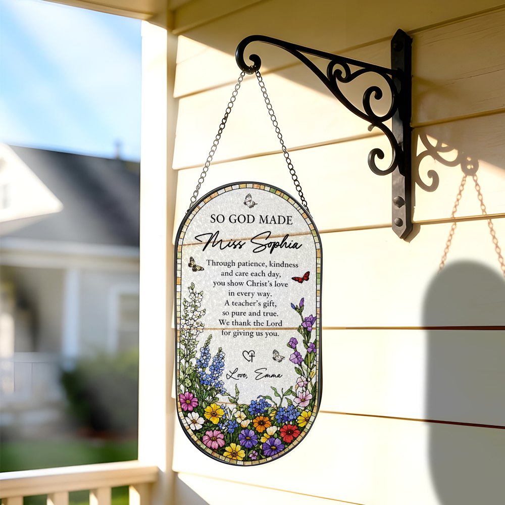 So God Made Christian Teacher - Personalized Oval Stained Glass Suncatcher