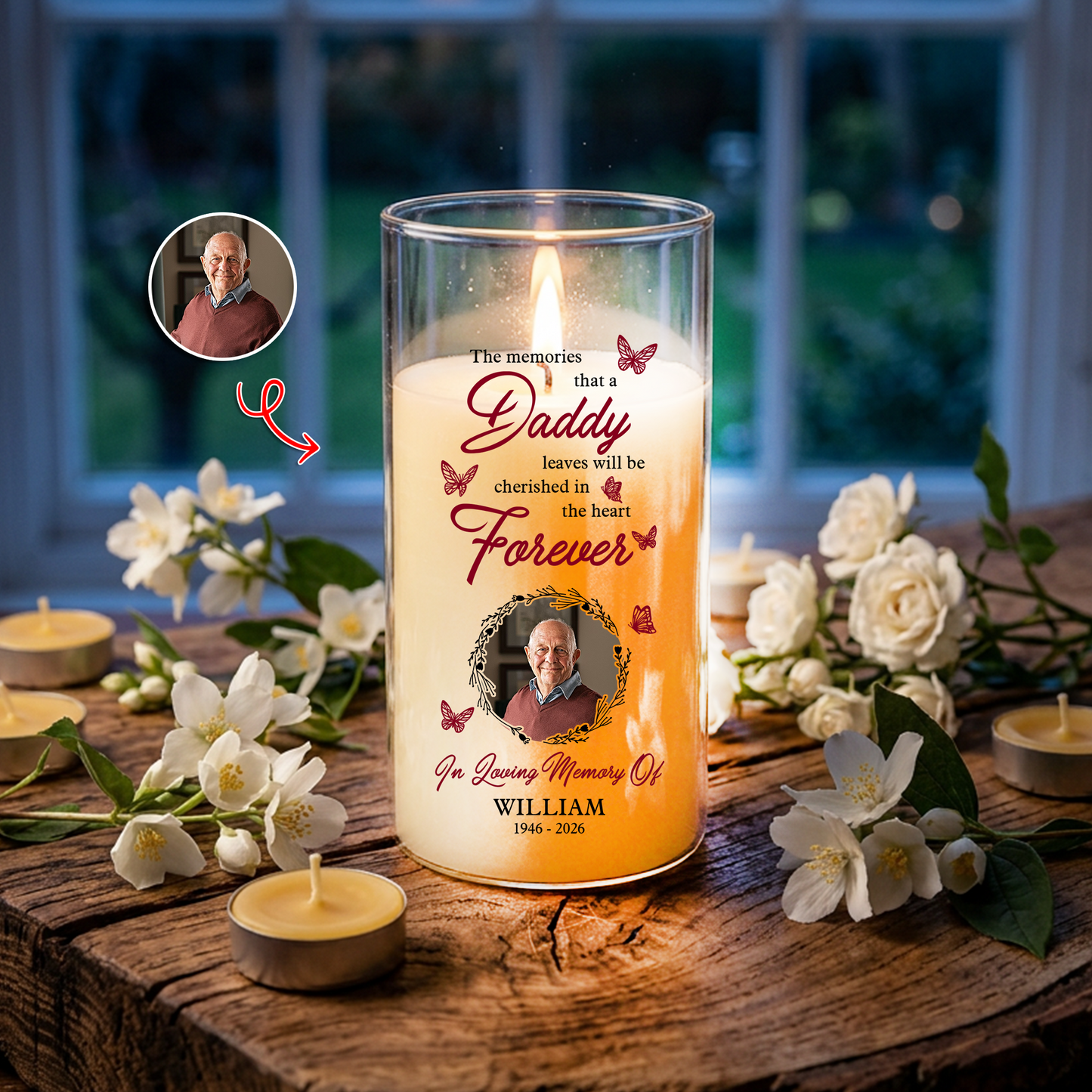 Cherished In The Heart Custom Photo Memorial - Personalized Flameless LED Candle