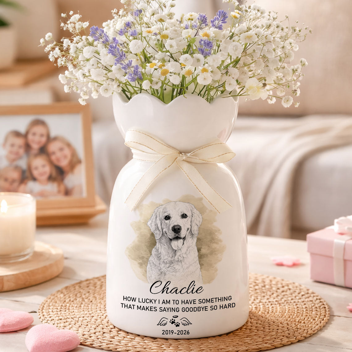 Custom Photo Pencil Sketch Art How Lucky I Am Pet Loss - Personalized Custom Ribbon Tie Flower Vase