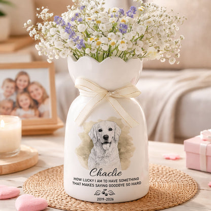Custom Photo Pencil Sketch Art How Lucky I Am Pet Loss - Personalized Custom Ribbon Tie Flower Vase