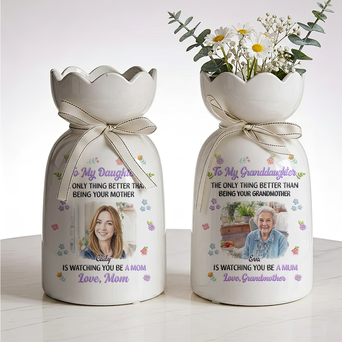 To My Daughter Granddaughter - Personalized Custom Ribbon Tie Flower Vase
