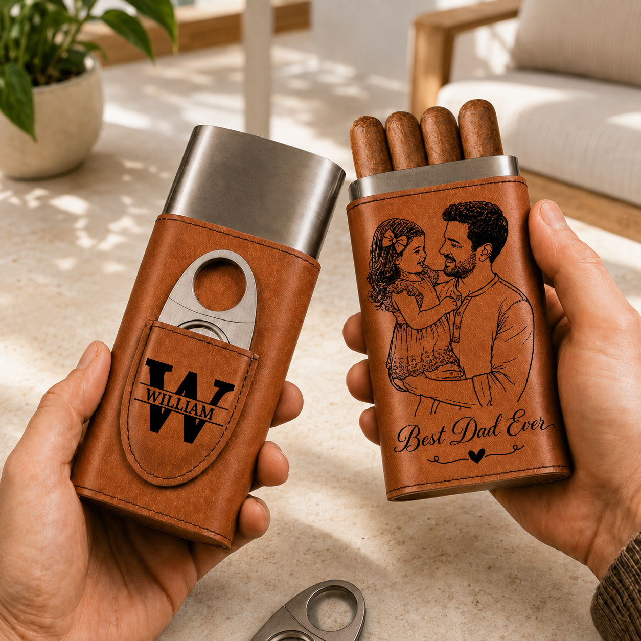 I’ll Be In The Backyard - Gift For Him, Travel Leather Case With Cutter - Personalized Cigar Case