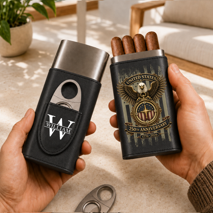 250 Years Of Amecrica - Gift For Him, Travel Leather Case With Cutter - Personalized Cigar Case