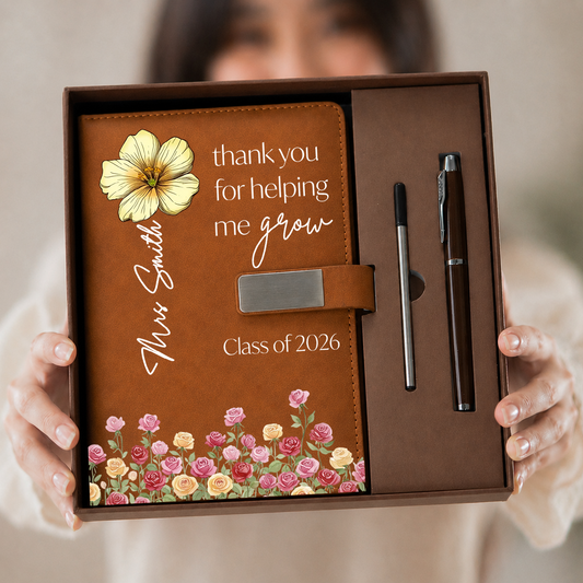Teacher Gifts Thank You for Helping Us Grow - Personalized Leather Notebook Set