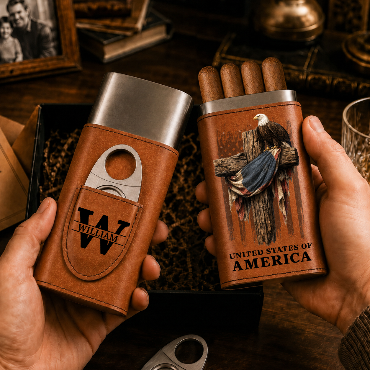 250 Years Of Freedom - Gift For Him, Travel Leather Case With Cutter - Personalized Cigar Case