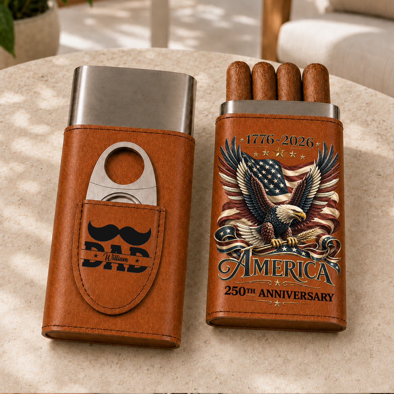 250 Years Of Freedom - Gift For Him, Travel Leather Case With Cutter - Personalized Cigar Case