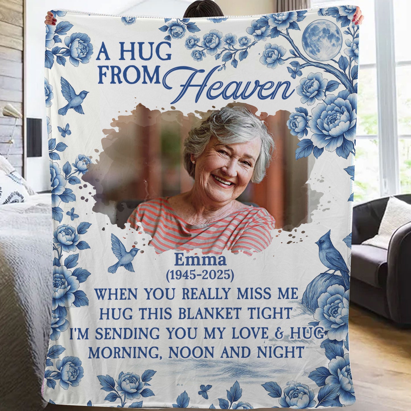 Memorial Blue Flowers - Memorial Personalized Custom Blanket - Sympathy Gift