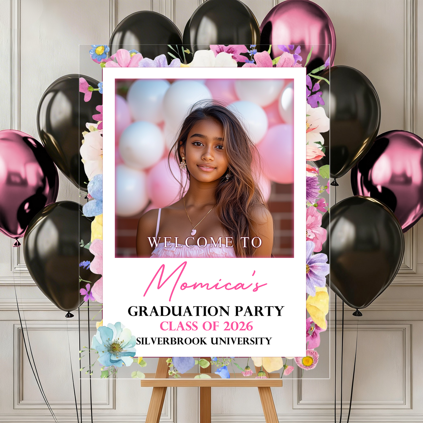 Flower Class Of 2026 Graduation - Personalized Graduation Welcome Sign - Custom Acrylic Celebration Sign