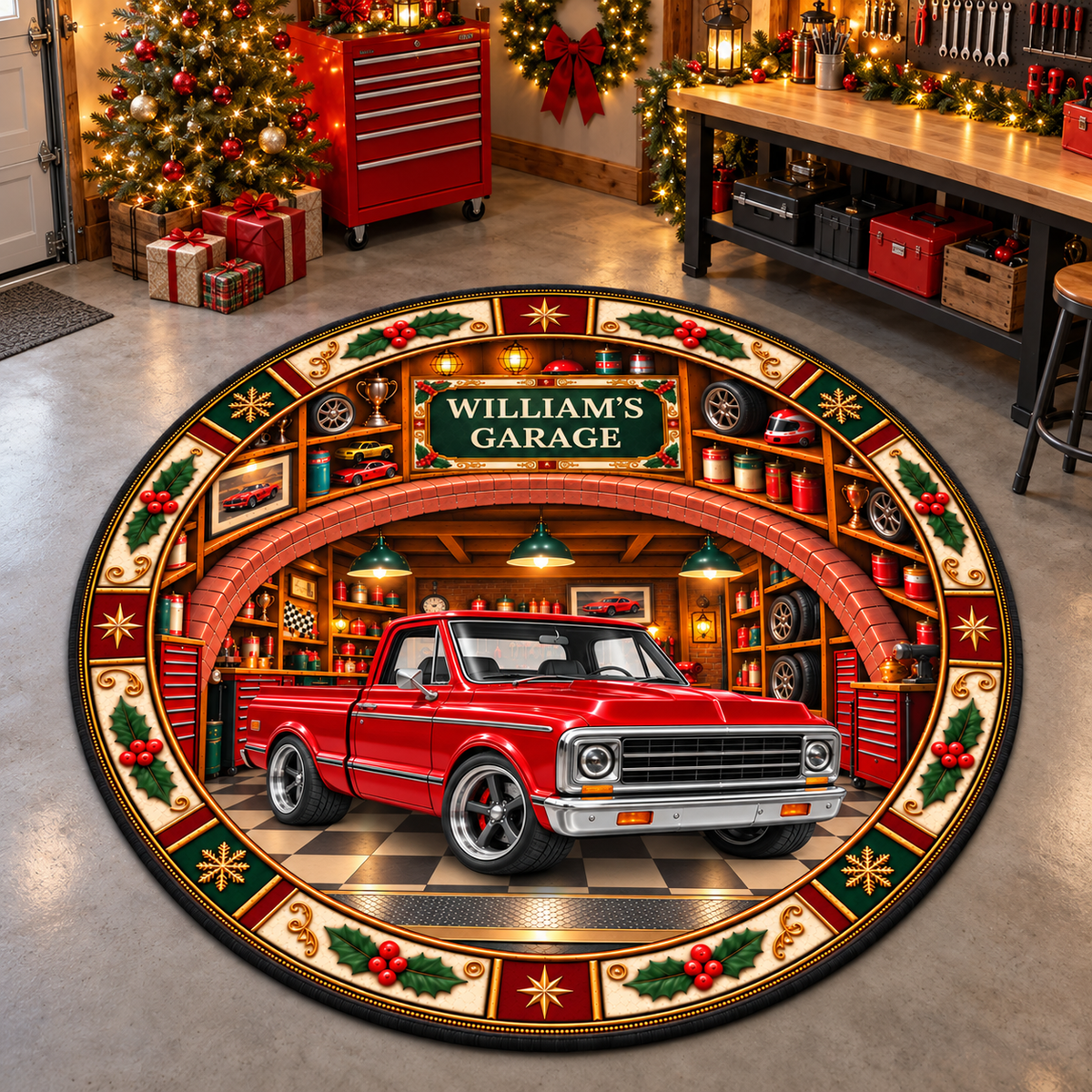 Christmas Garage Round Mat  - Personalized Quilted Mat Custom Shaped Doormat - Christmas Decor 3D Round Rug