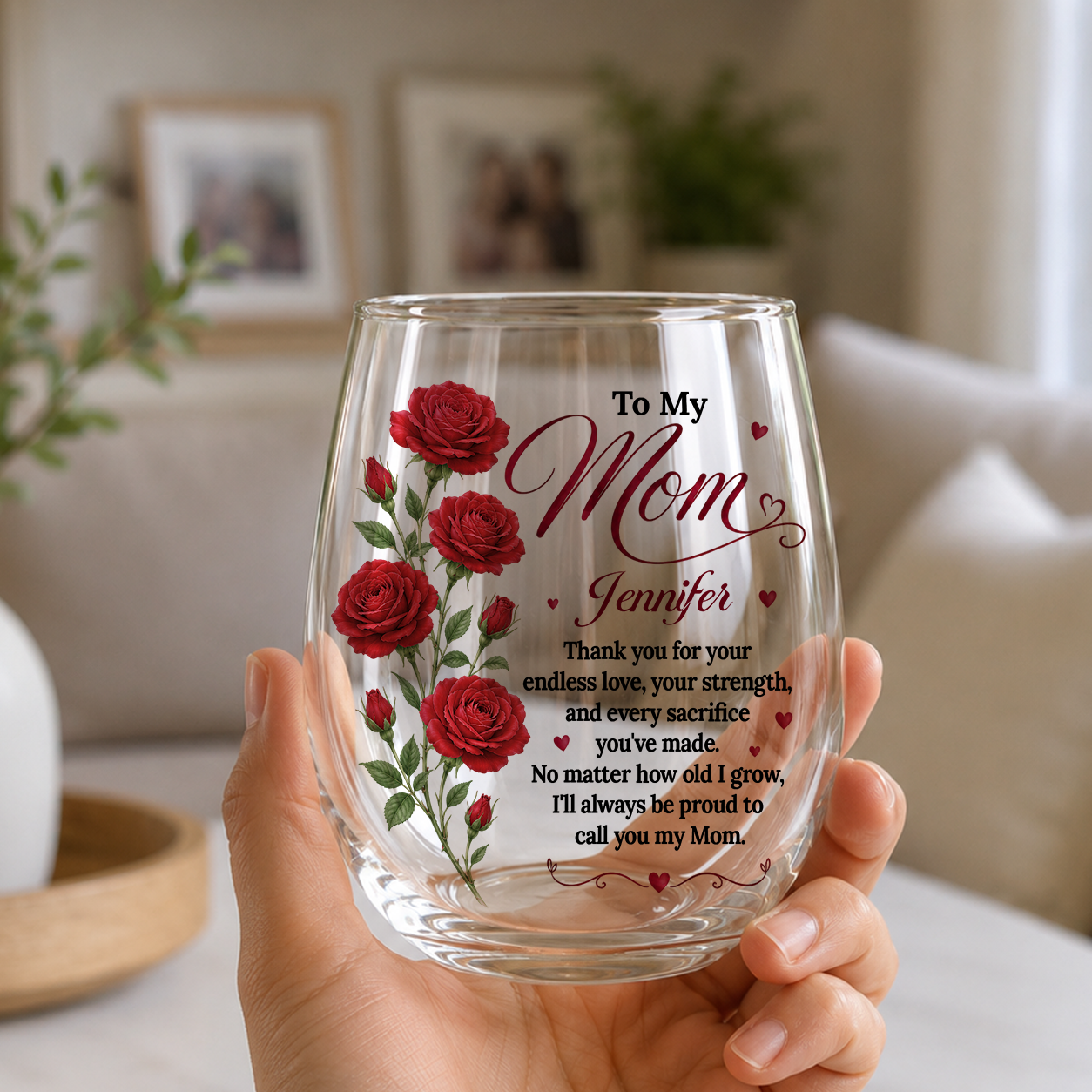 To My Mom Personalized Stemless Clear Glass – Custom Name & Birth Month Flower Gift Glass, 15oz, Mothers Birthday Gift