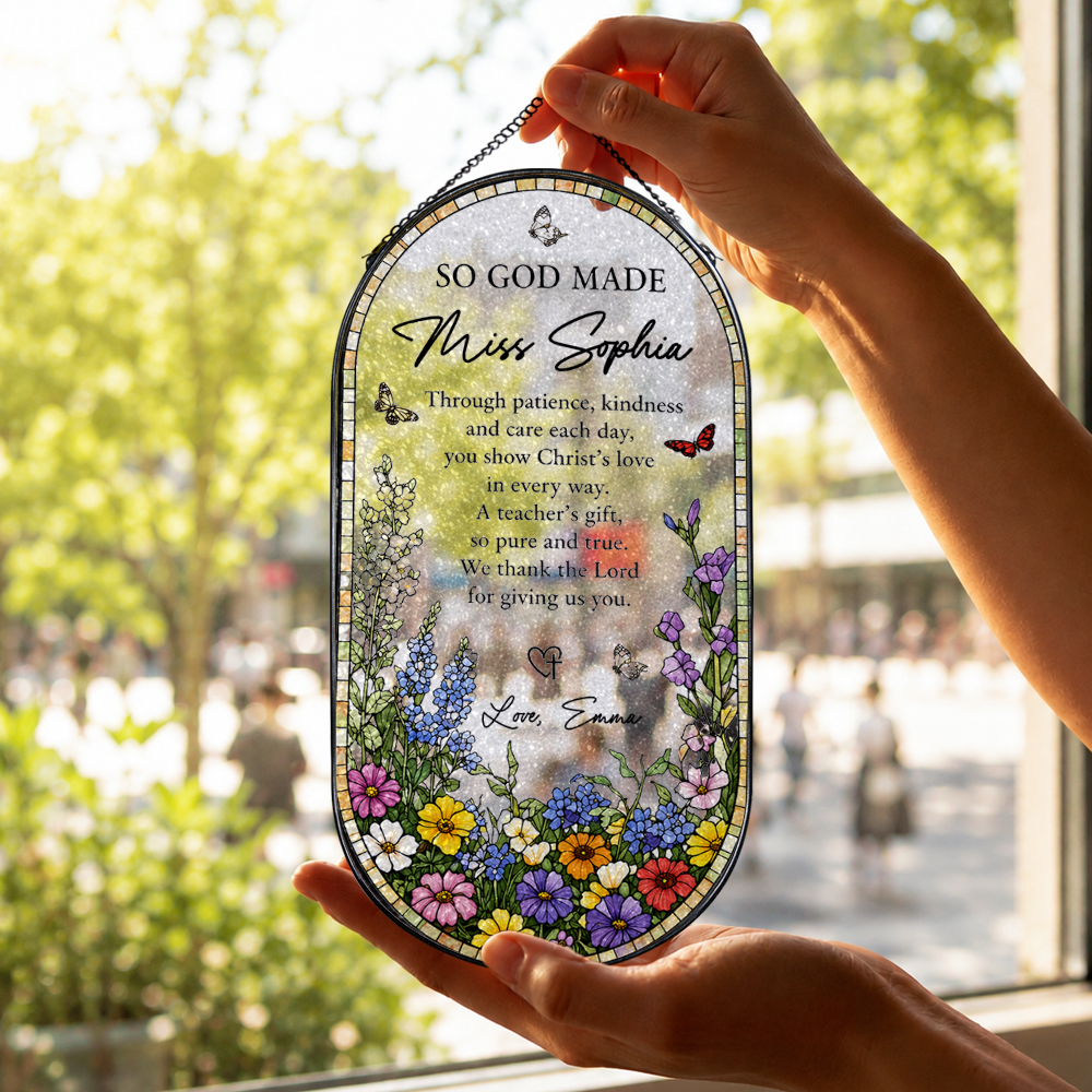 So God Made Christian Teacher - Personalized Oval Stained Glass Suncatcher