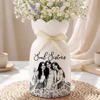 Custom Photo Pencil Sketch A True Friendship Is A Journey Without An End - Personalized Custom Ribbon Tie Flower Vase