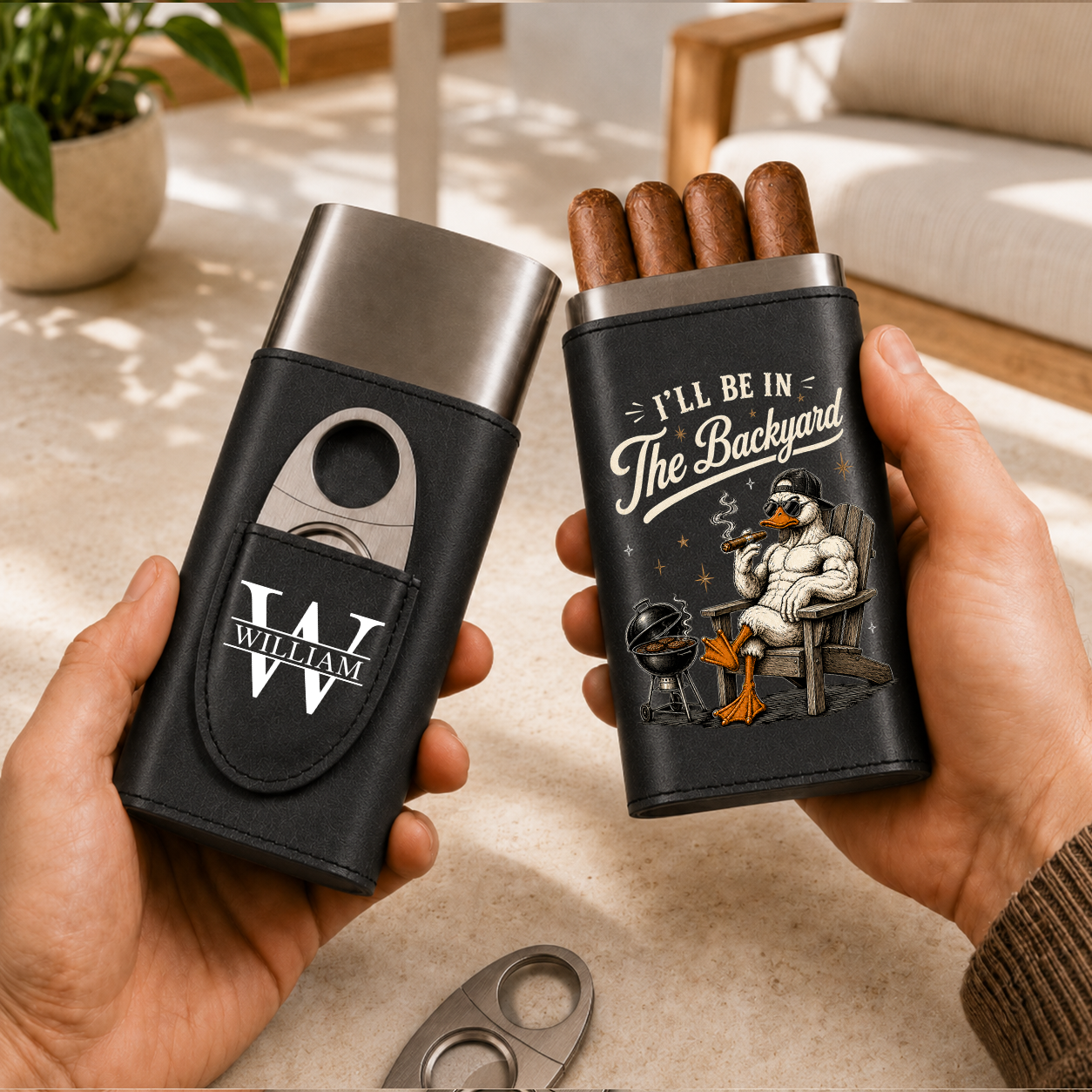 In The Backyard - Gift For Him, Travel Leather Case With Cutter - Personalized Cigar Case