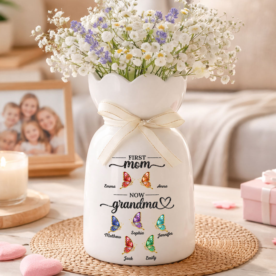 First Mom Now Grandma 2 - Personalized Custom Ribbon Tie Flower Vase