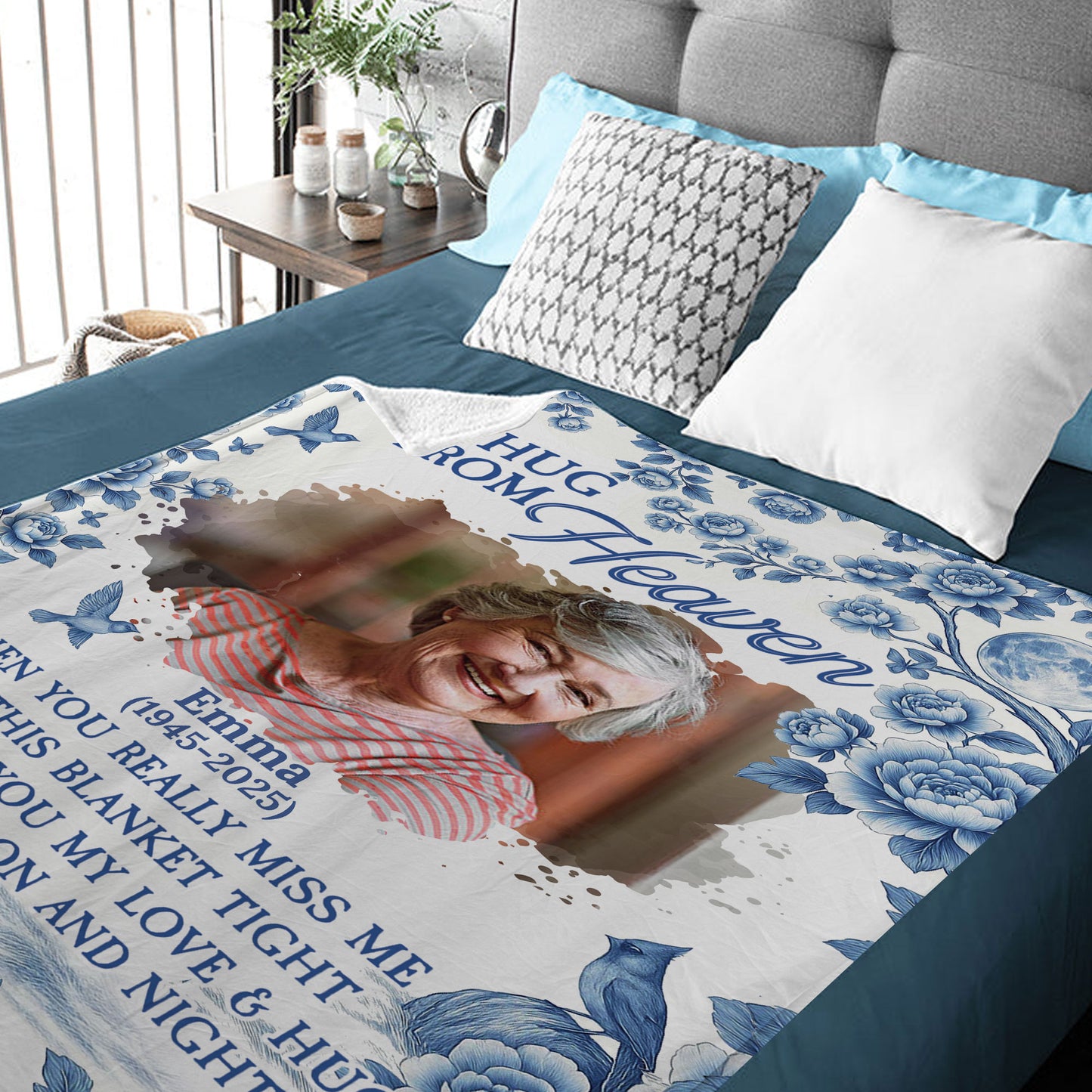 Memorial Blue Flowers - Memorial Personalized Custom Blanket - Sympathy Gift