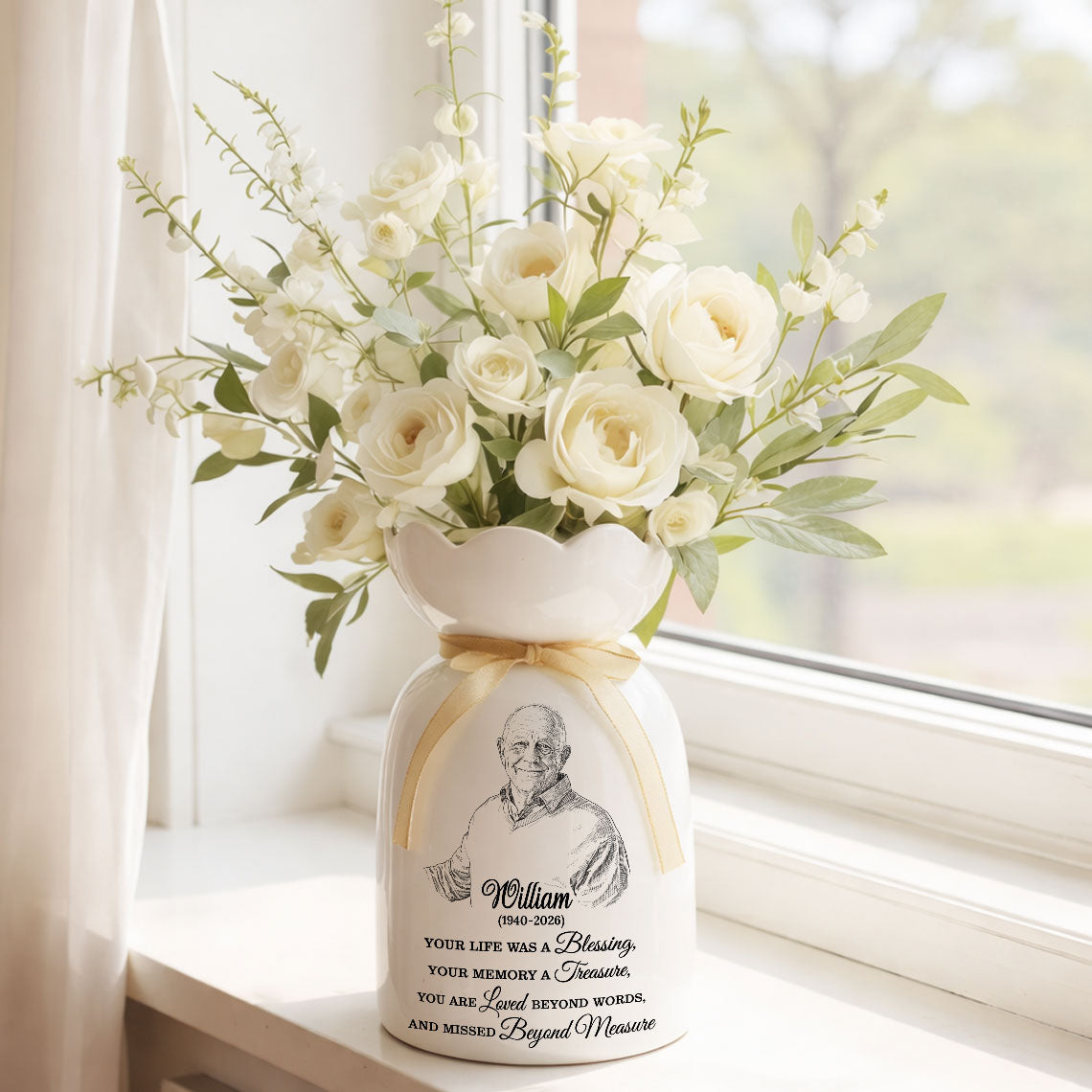 Custom Photo Pencil Sketch Memorial - Personalized Custom Ribbon Tie Flower Vase