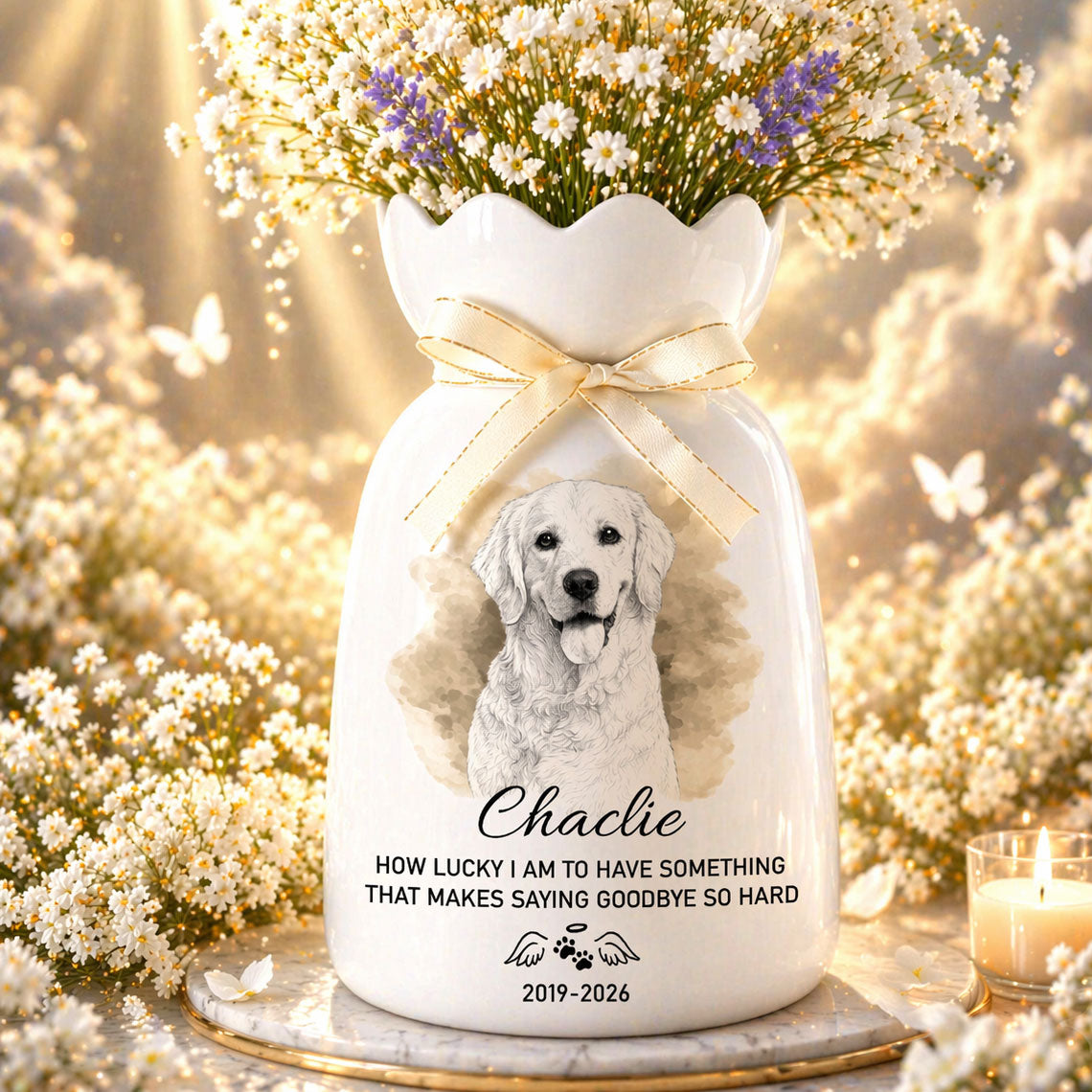 Custom Photo Pencil Sketch Art How Lucky I Am Pet Loss - Personalized Custom Ribbon Tie Flower Vase