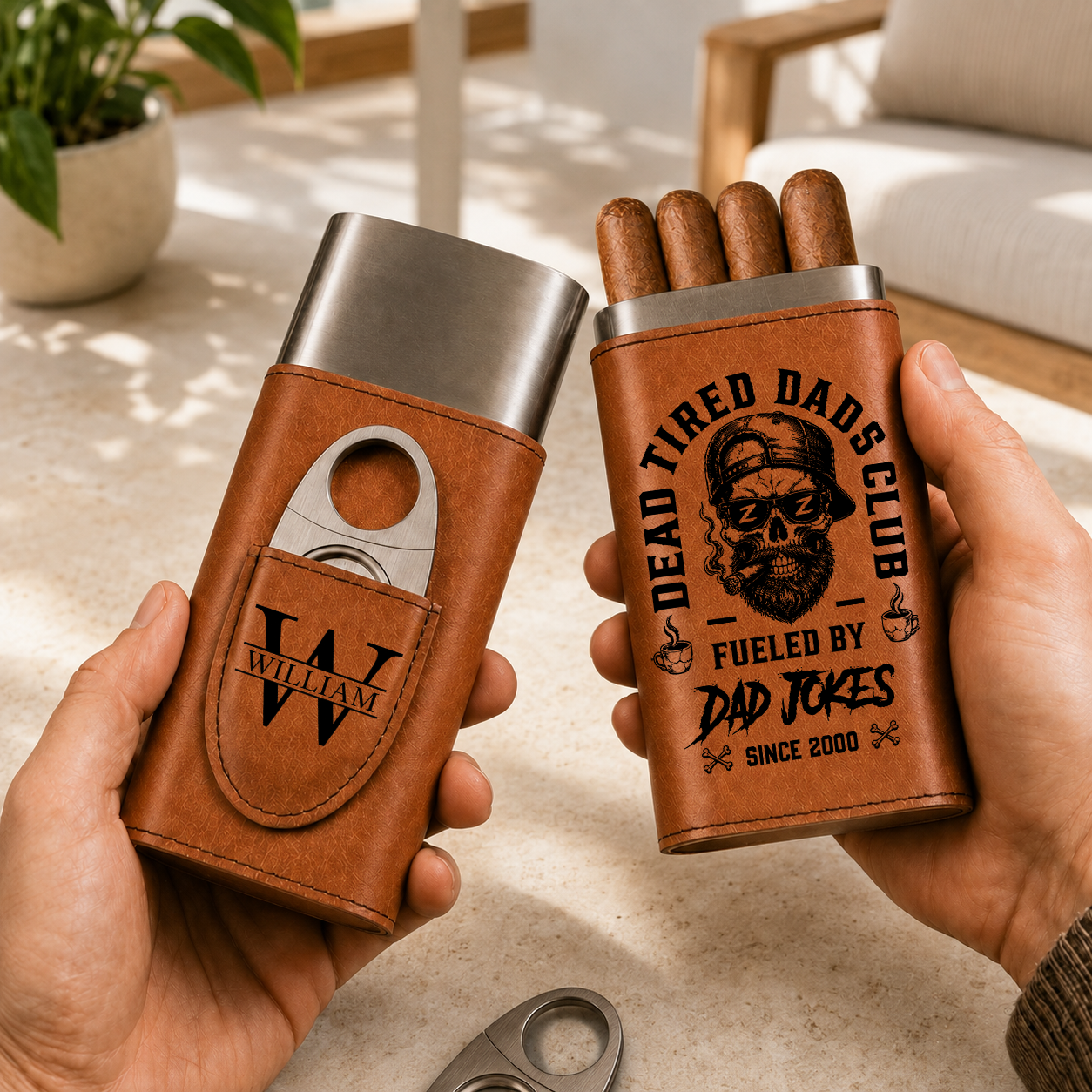 Dead Tired Dads Club - Gift For Him, Travel Leather Case With Cutter - Personalized Cigar Case