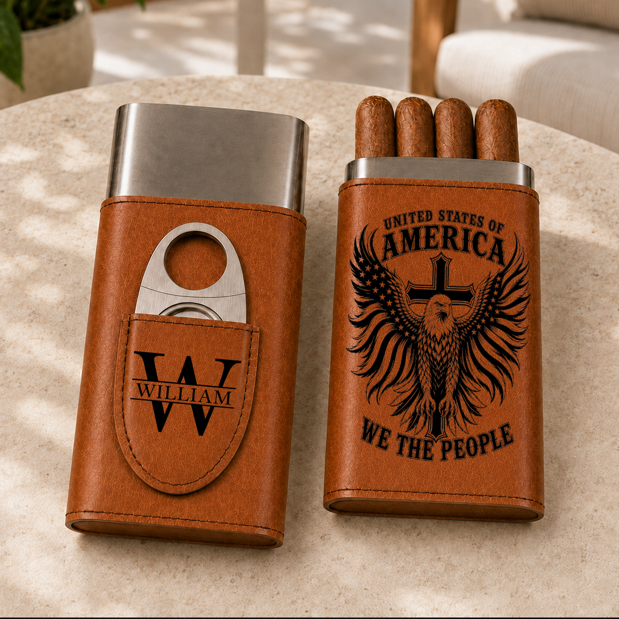United States Of America - Gift For Him, Travel Leather Case With Cutter - Personalized Cigar Case