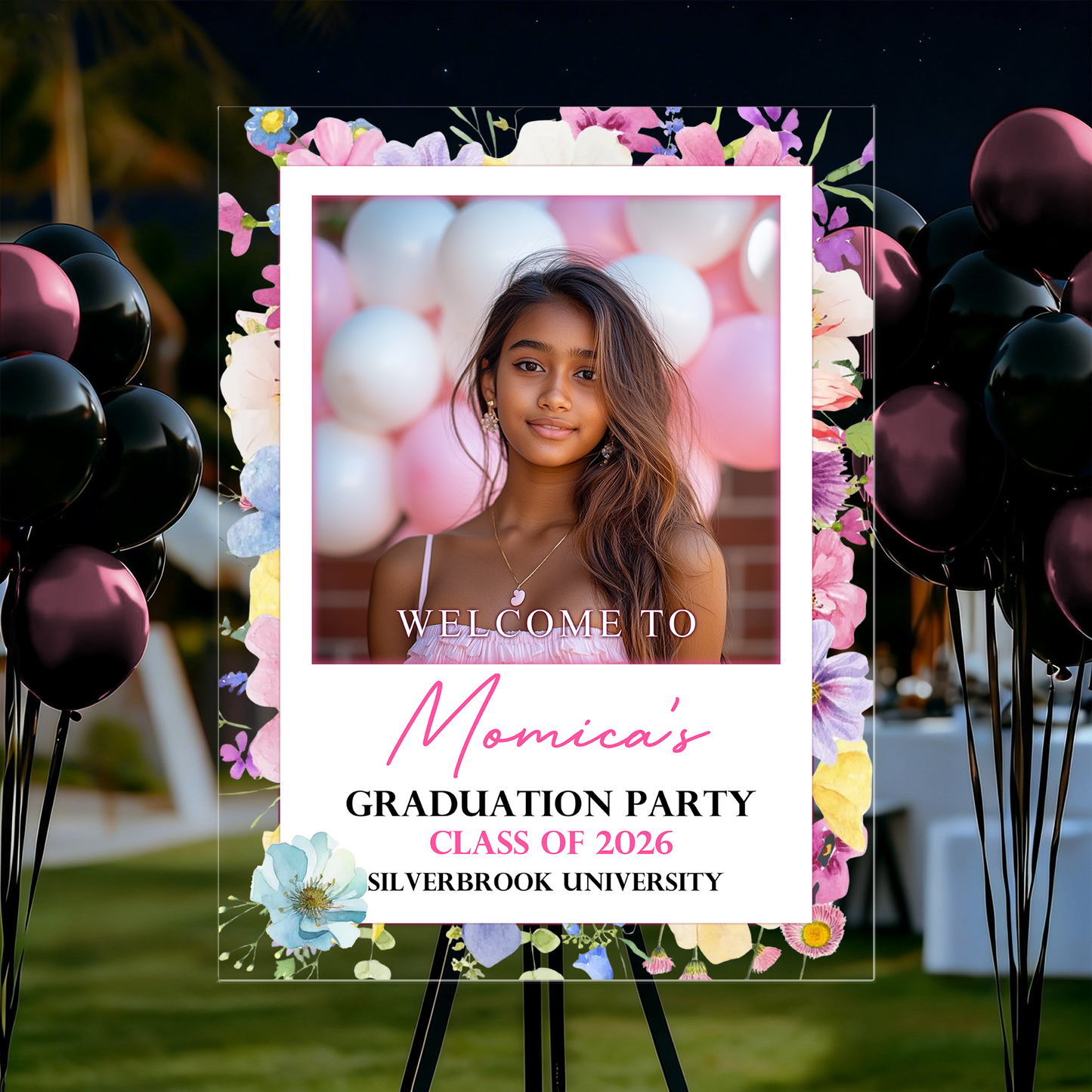 Flower Class Of 2026 Graduation - Personalized Graduation Welcome Sign - Custom Acrylic Celebration Sign
