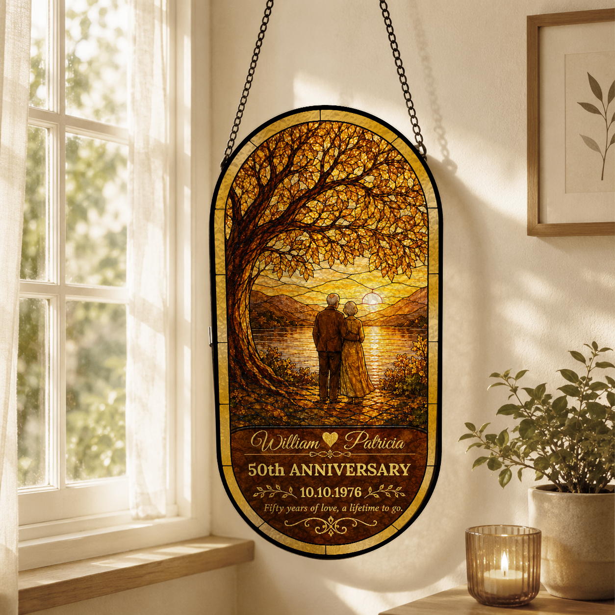 Our Anniversary - Personalized Oval Stained Glass Suncatcher