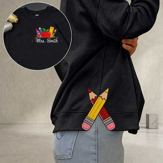 Embroidered Teacher Hoodie Sweatshirt Side Bow Cut-Out- Custom Embroidered Unisex T-shirt
