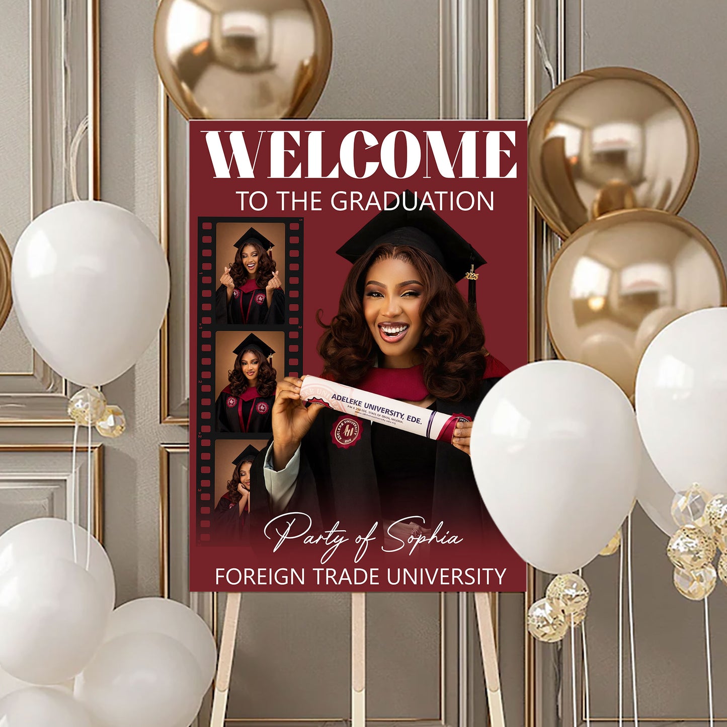Congrats Graduation Red Theme - Personalized Graduation Welcome Sign - Custom Photo Welcome Sign