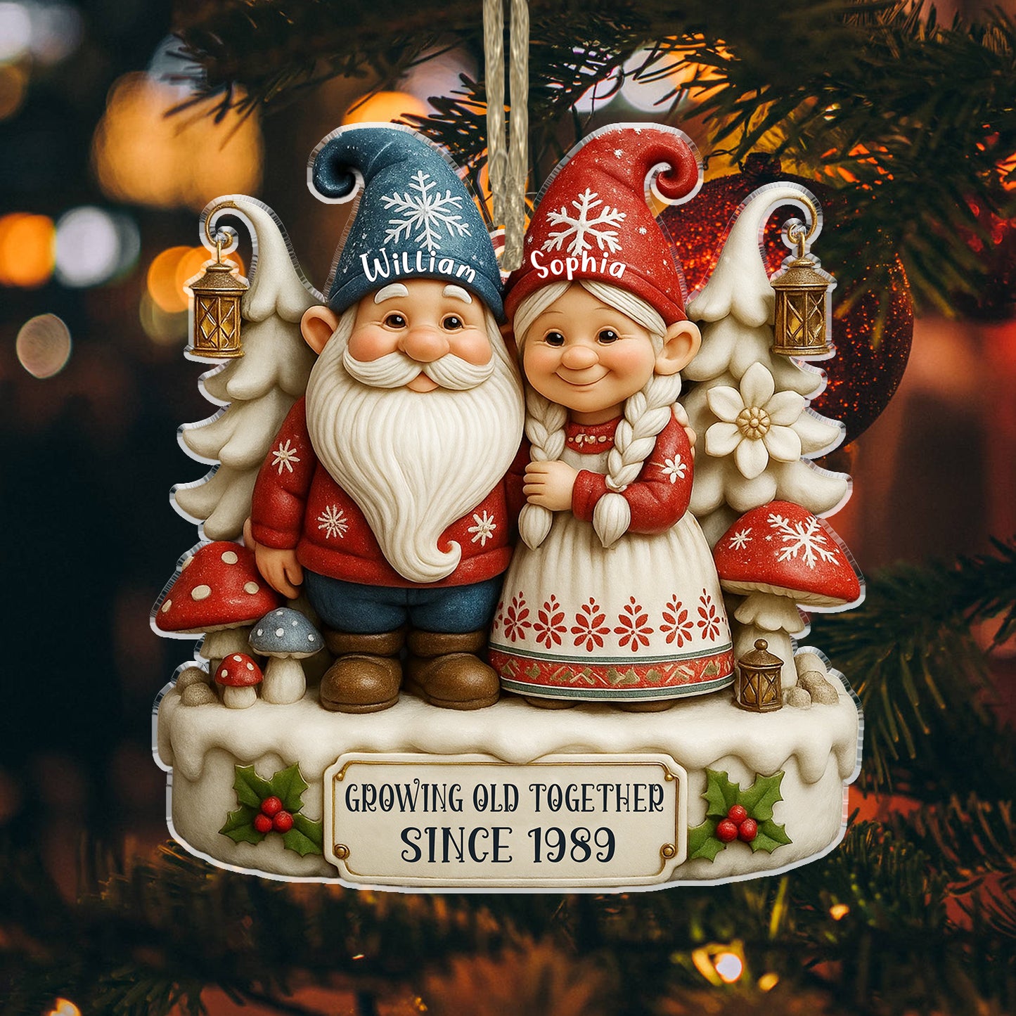 3D Effect Gnome Couple Together - Personalized Acrylic Ornament
