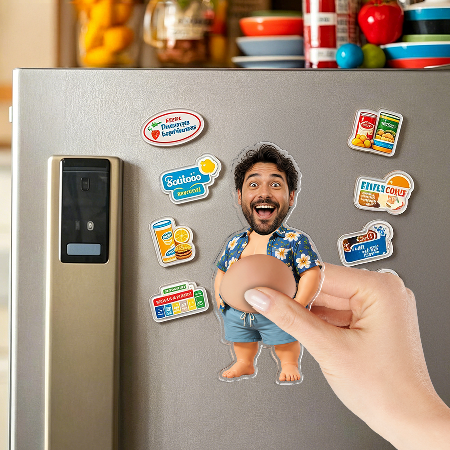 Personalized Funny Daddy Face Squishy Belly Fridge Magnet - Custom Dad Photo Squeeze Magnet, Kitchen Decor