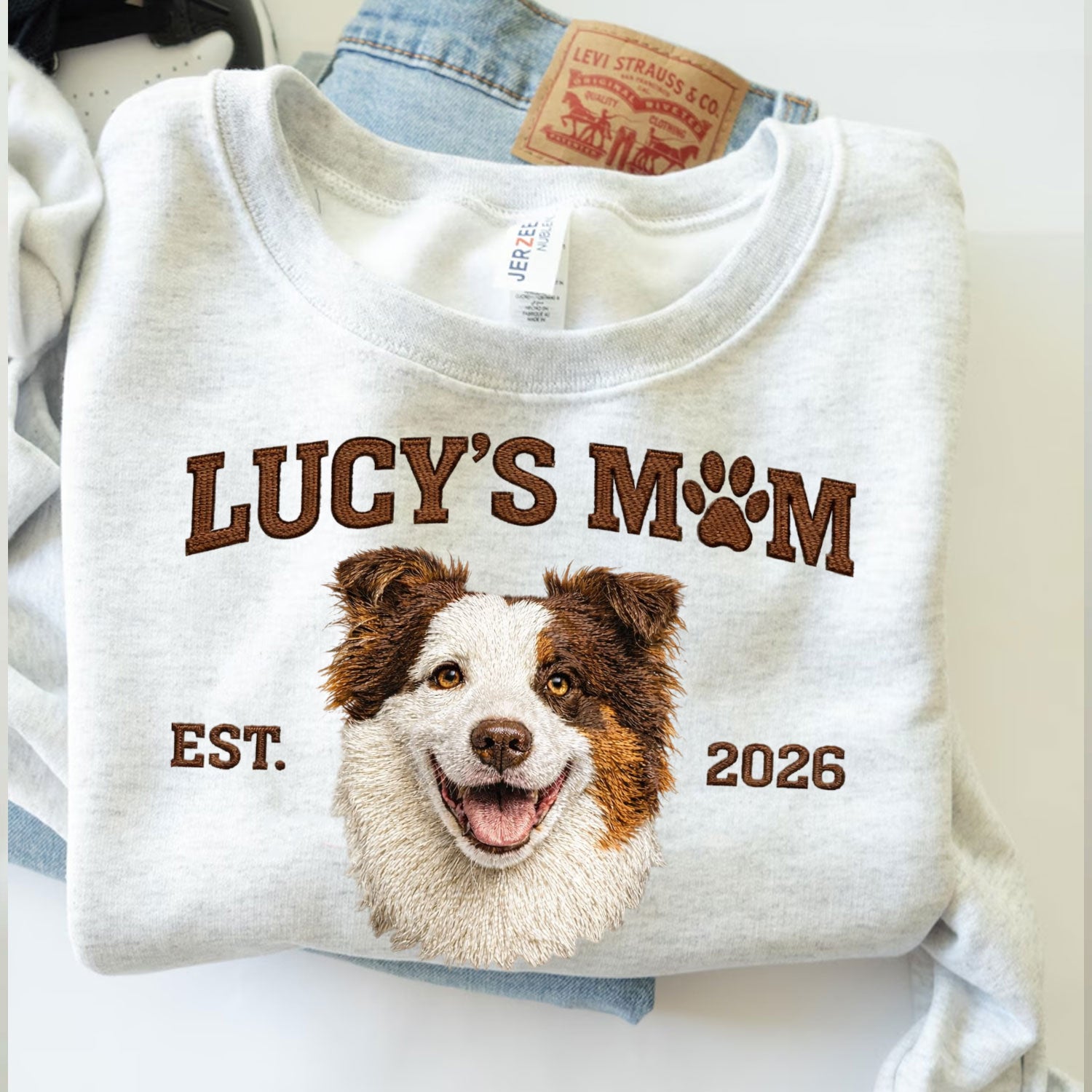 Embroidered pet crewneck sweatshirt for mom, custom dog and cat lover gift.