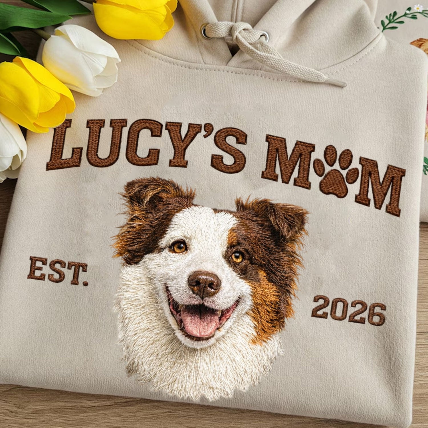 Embroidered pet crewneck sweatshirt for mom, custom dog and cat lover gift.