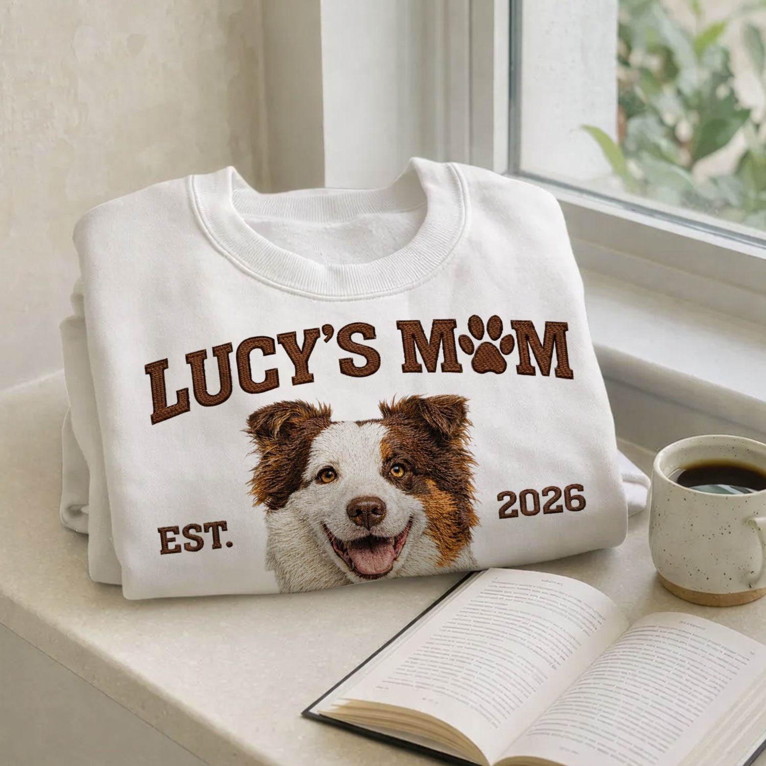 Embroidered pet crewneck sweatshirt for mom, custom dog and cat lover gift.