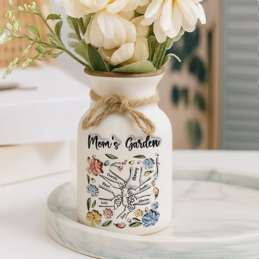 Mom's Garden personalized flower vase; elegant white ceramic with custom name.