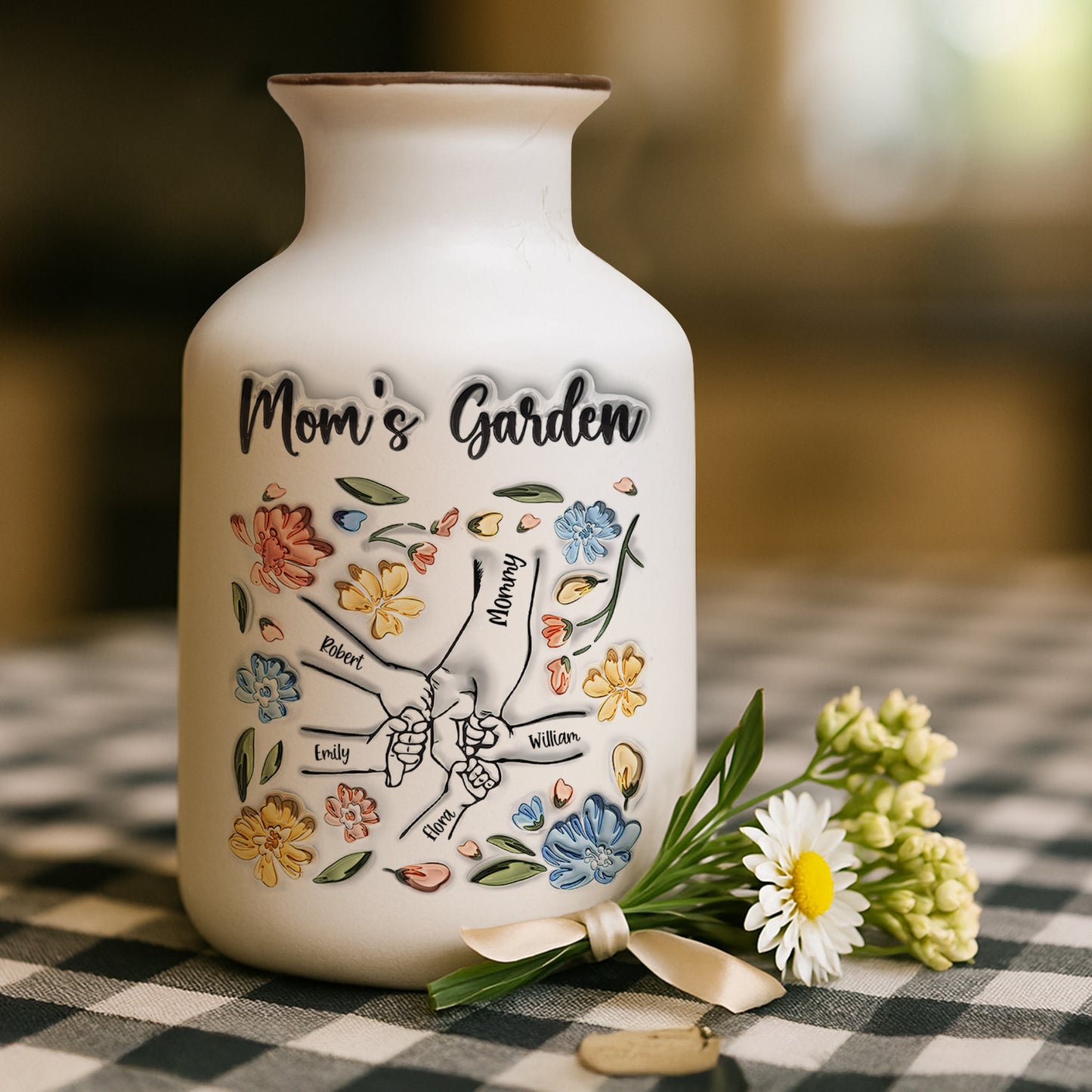 Mom's Garden personalized flower vase; elegant white ceramic with custom name