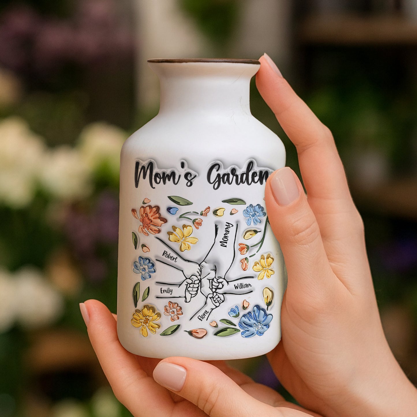 Mom's Garden personalized flower vase; elegant white ceramic with custom name