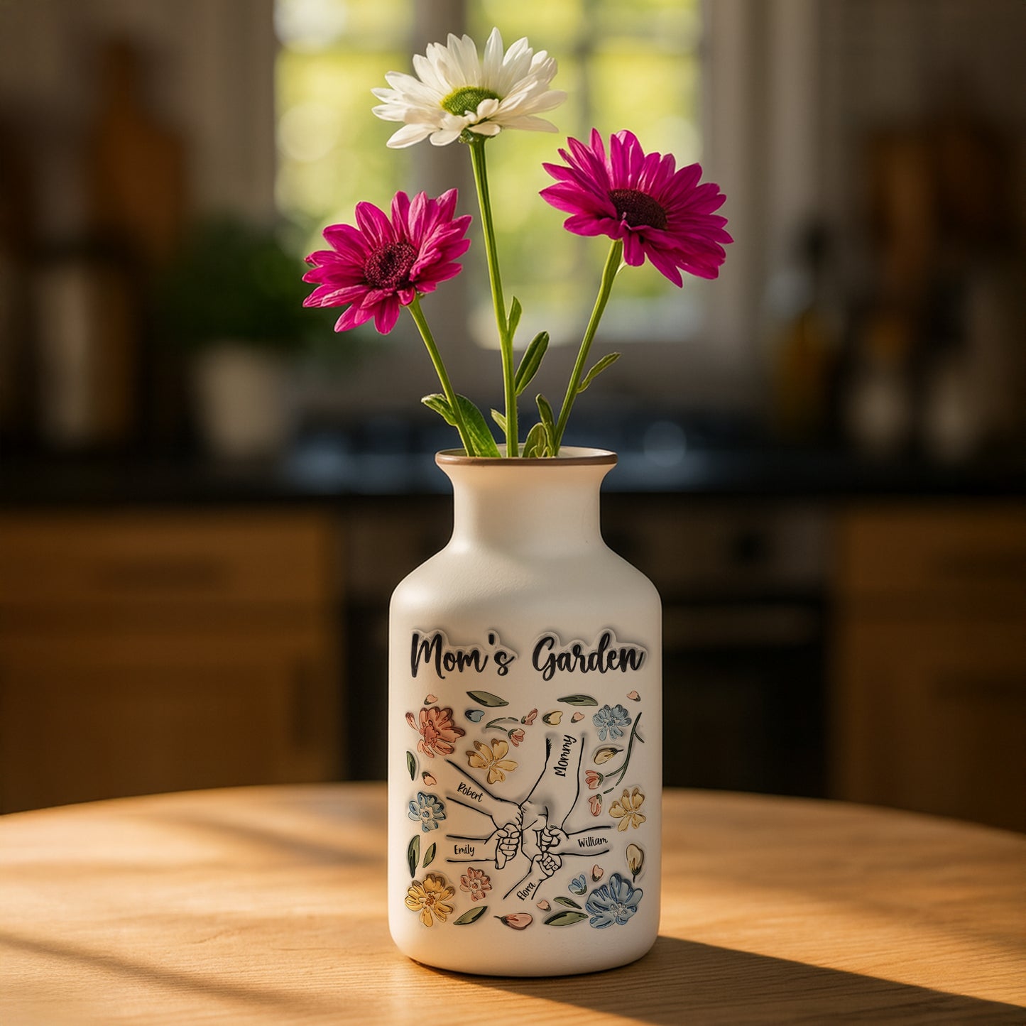 Mom's Garden personalized flower vase; elegant white ceramic with custom name