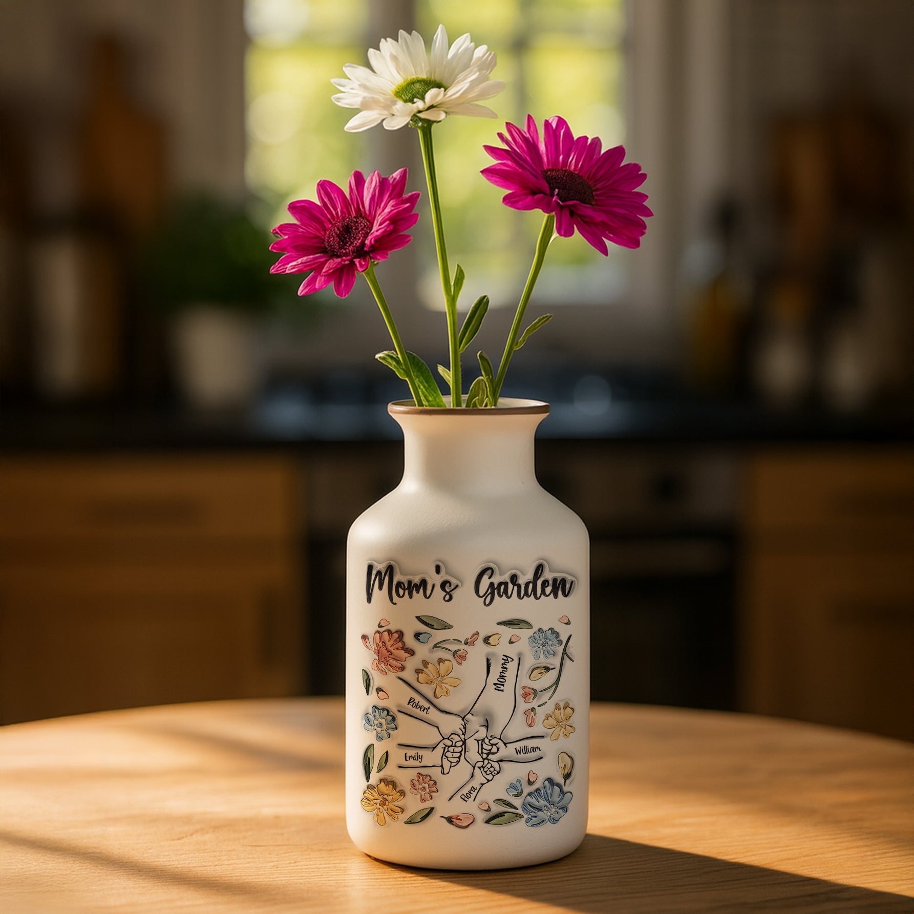 Mom's Garden personalized flower vase; elegant white ceramic with custom name