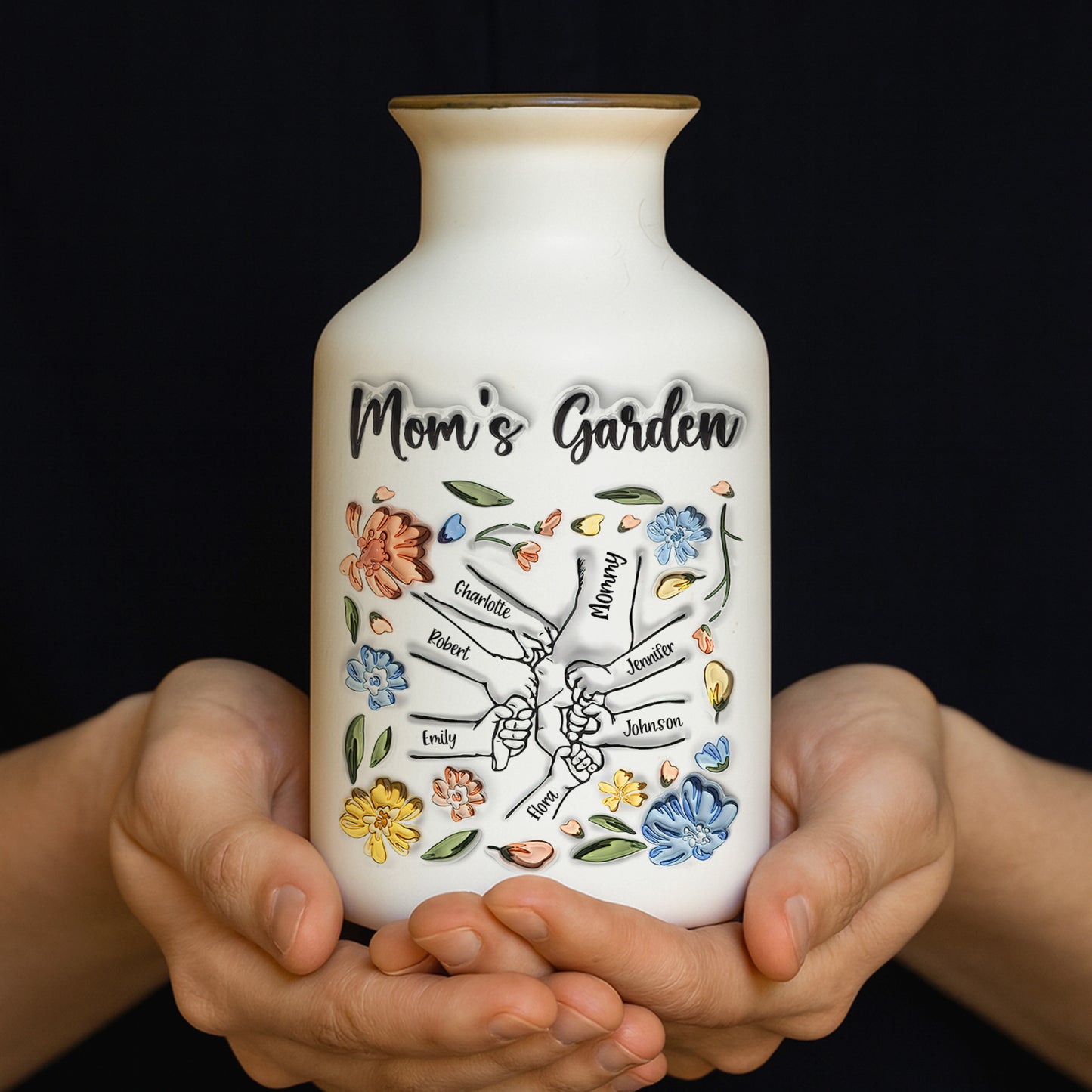 Mom's Garden personalized flower vase; elegant white ceramic with custom name