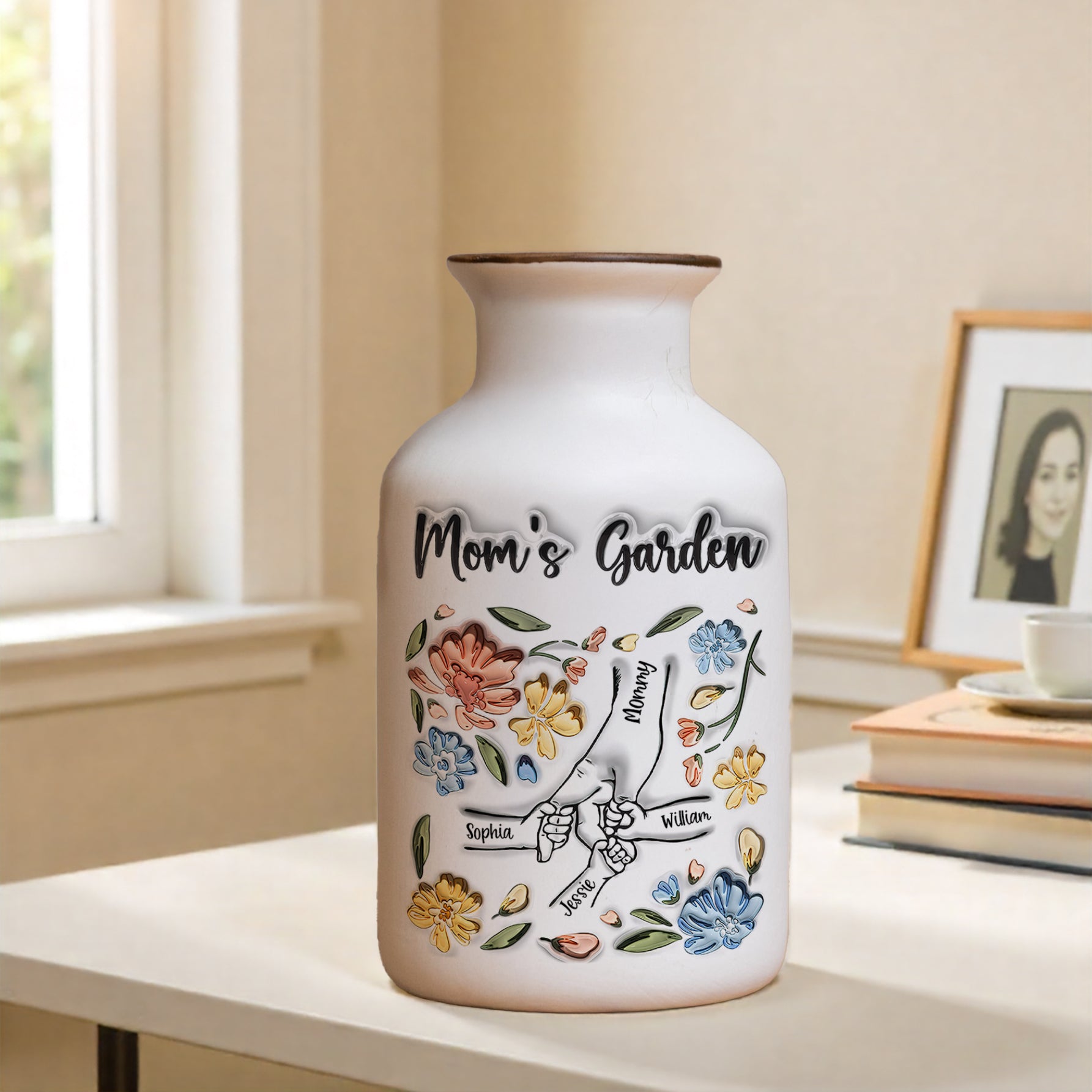 Mom's Garden personalized flower vase; elegant white ceramic with custom name