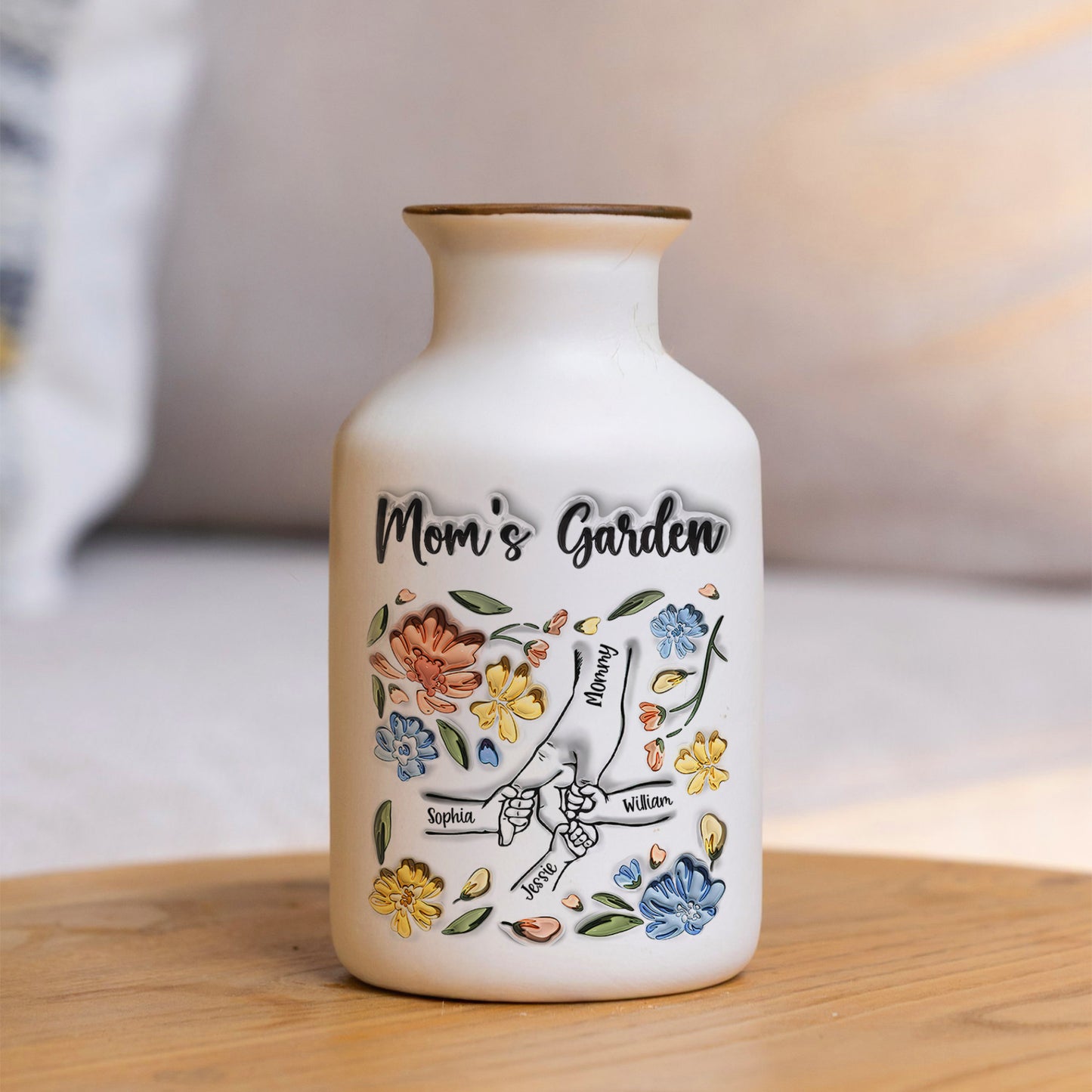 Mom's Garden personalized flower vase; elegant white ceramic with custom name
