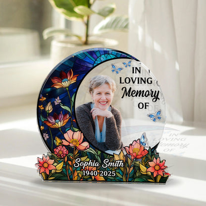 Moon in Loving Memory personalized acrylic block plaque. A beautiful memorial gift.