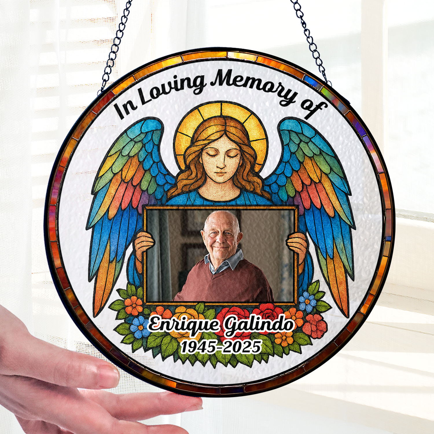 My Angel personalized stained glass suncatcher featuring a custom photo.