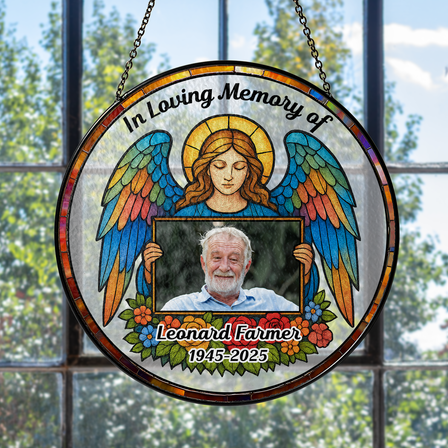 My Angel personalized stained glass suncatcher featuring a custom photo.
