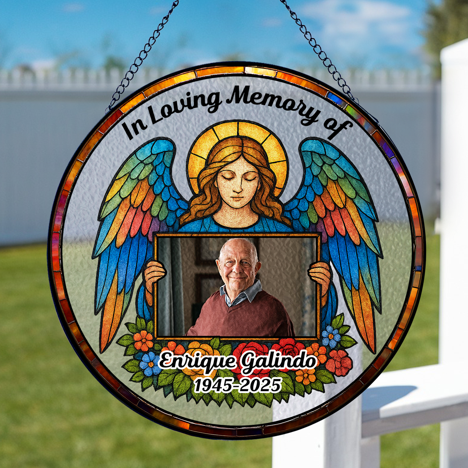 My Angel personalized stained glass suncatcher featuring a custom photo.